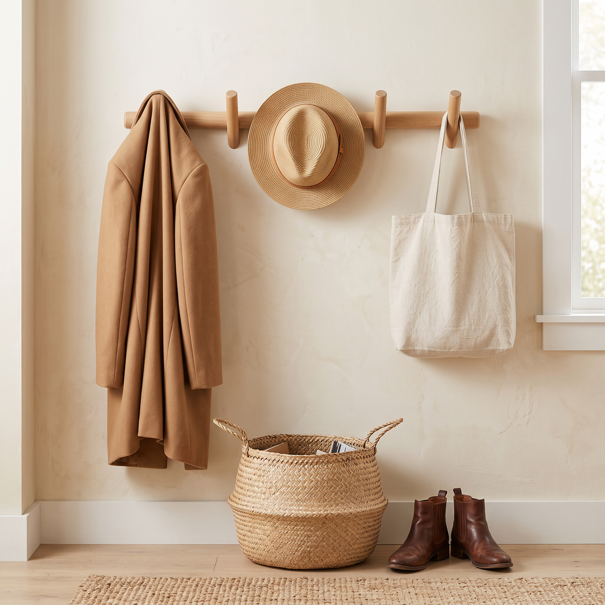 Maeve solid oak wall rack with a coat and hat