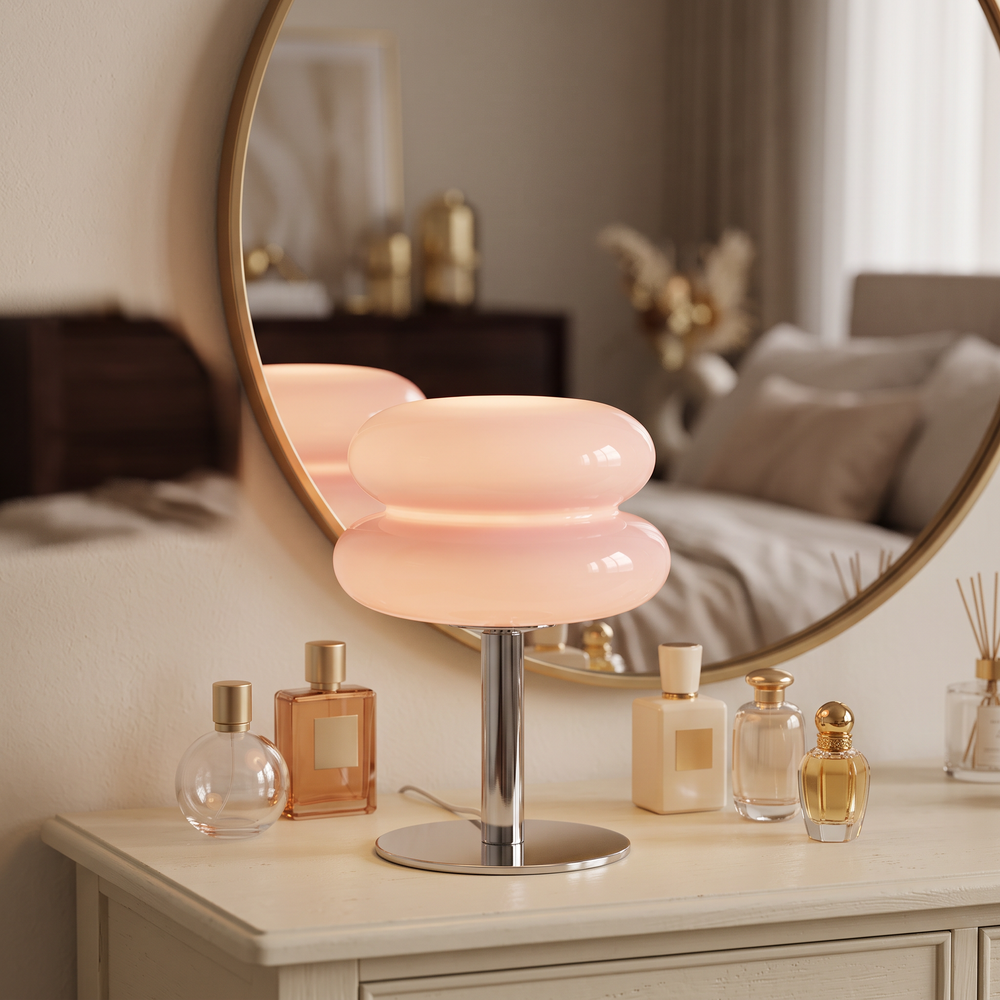 A pink glow beside the mirror.