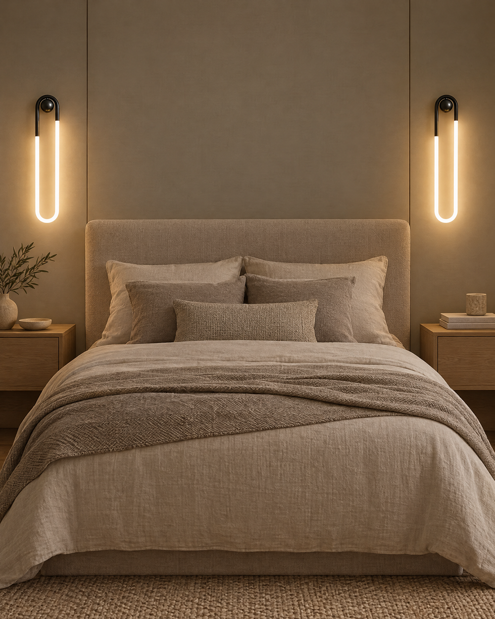 A matching pair beside the bed, in black.