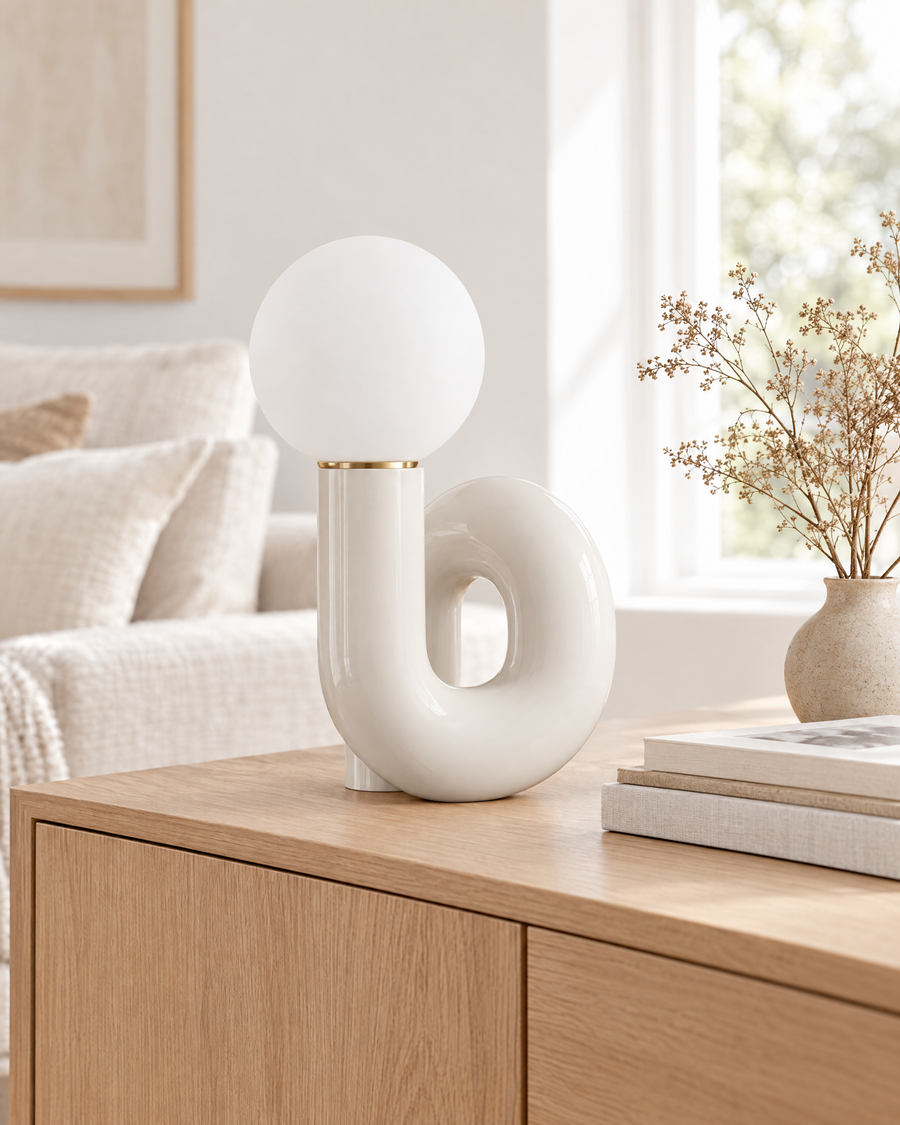 Warm white on the sideboard, calm and sculptural.