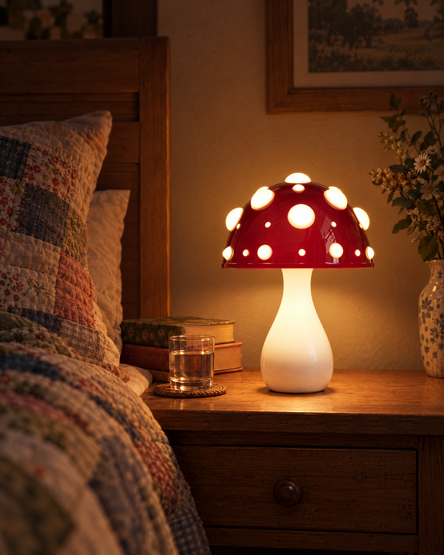 A soft night light on the nightstand.