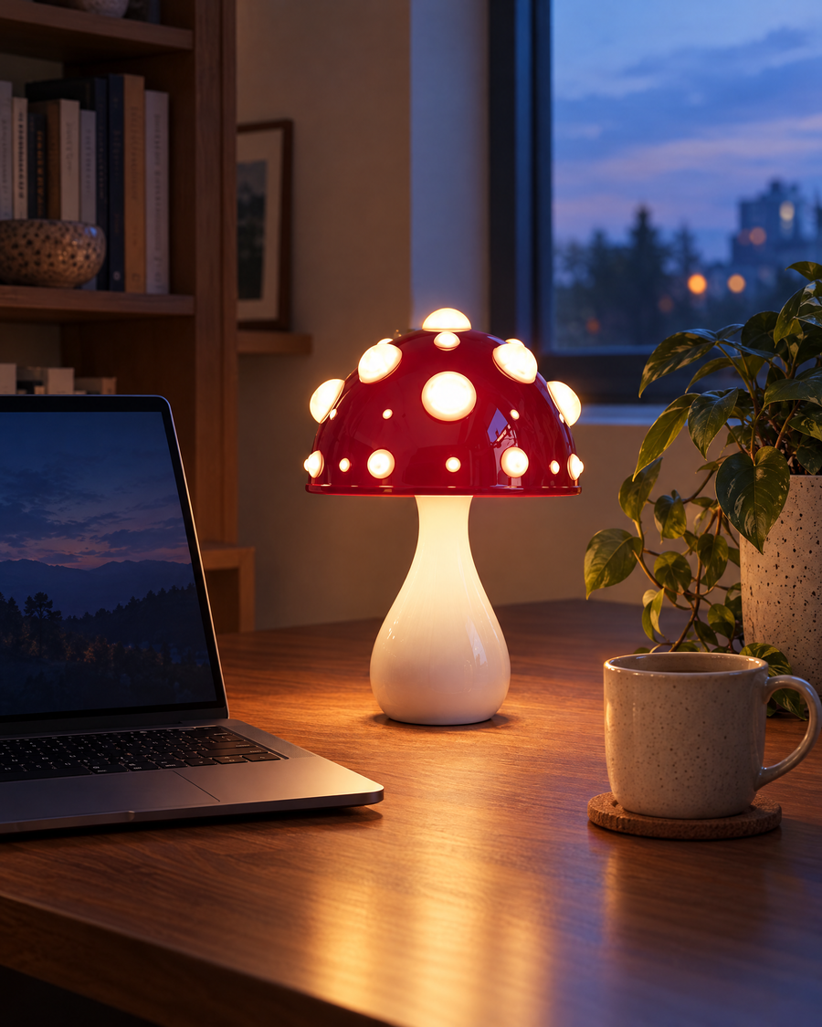 A warm glow on the desk as the day winds down.