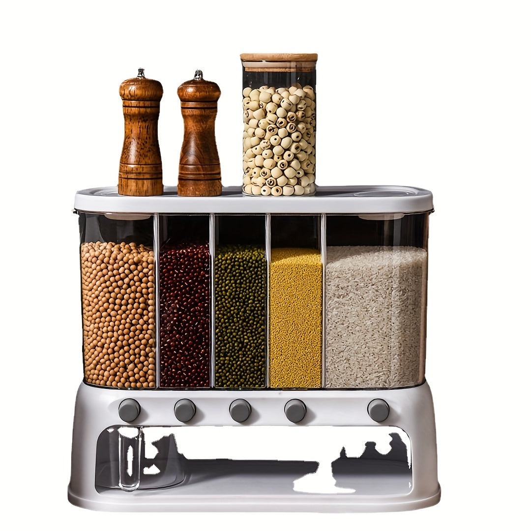Vaelo Home Pantra Grain Storage Container – 5-Compartment Dry Food Dispenser with Push-Button Dispensing