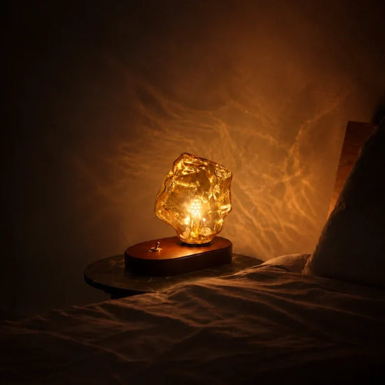 Vaelo Home Ambrello Amber Glass Table Lamp – Textured Glass Lamp with Natural Oak Base