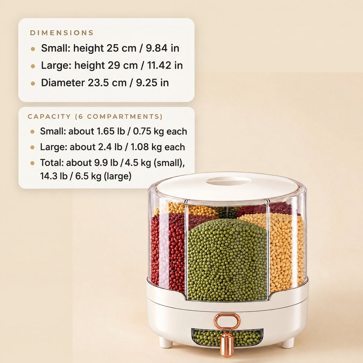 Rotating food storage container dimensions and capacity per compartment