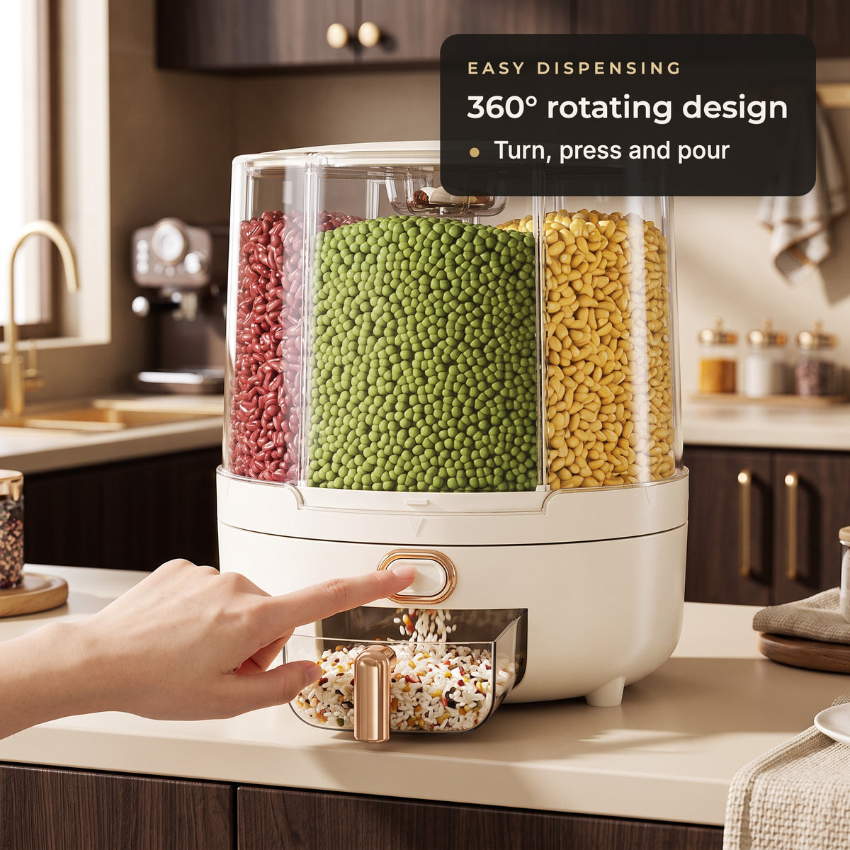 Rotating food storage container 360° dispensing