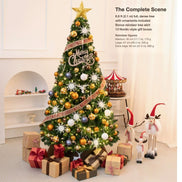 Aurelia Christmas Tree Scene size and contents: 6.9 ft (2.1 m) tree with ornaments, reindeer tree skirt, 13 gift boxes and three reindeer figures