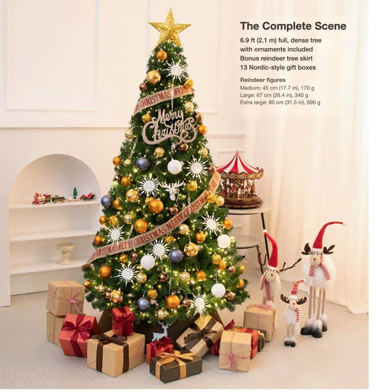 Aurelia Christmas Tree Scene size and contents: 6.9 ft (2.1 m) tree with ornaments, reindeer tree skirt, 13 gift boxes and three reindeer figures
