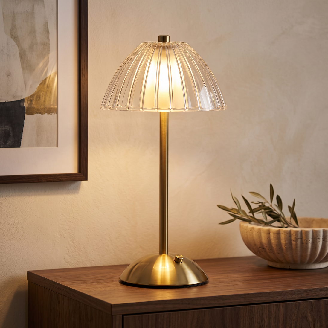 Golden Touch Table Lamp on a walnut sideboard in a cozy living room