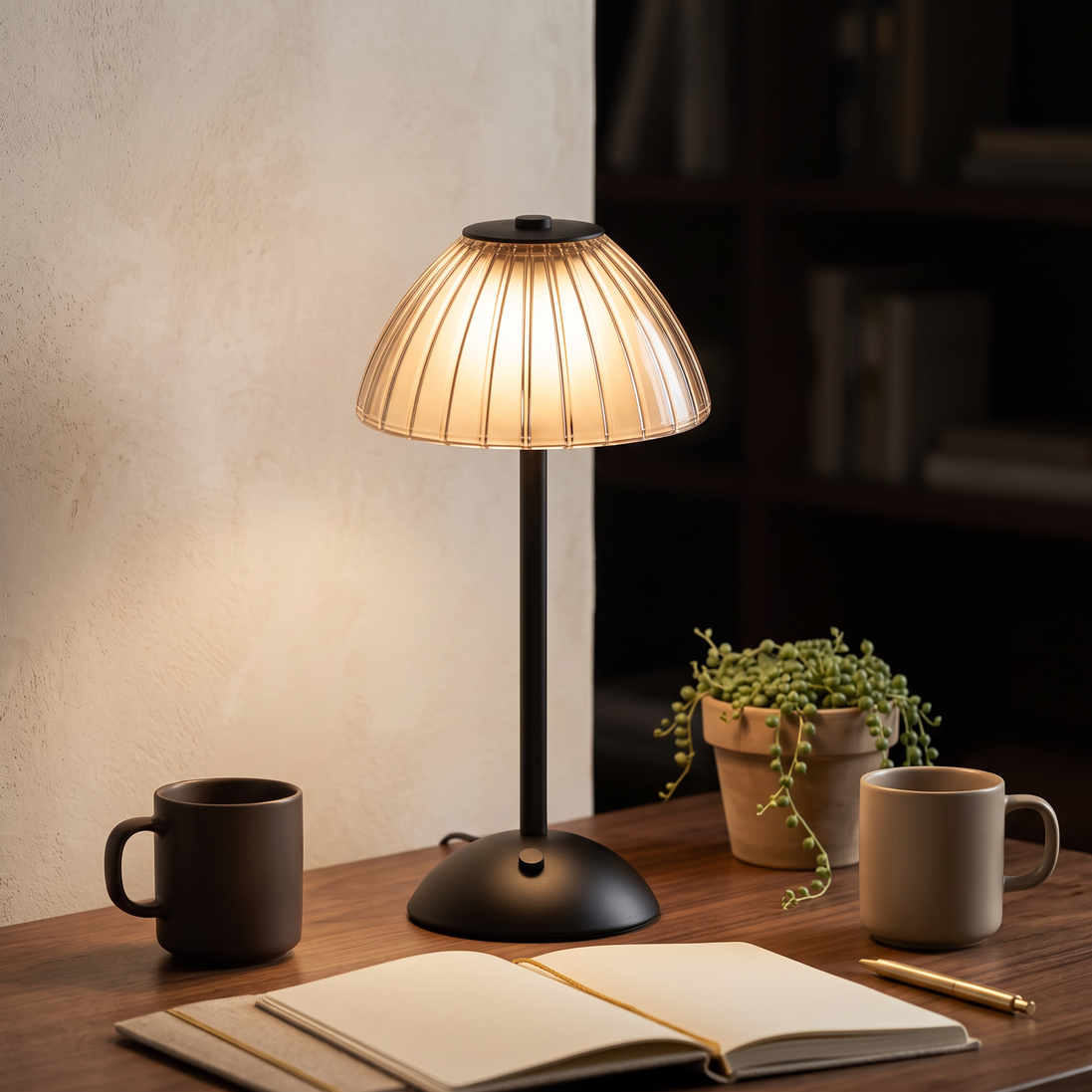 Golden Touch Table Lamp in black on a walnut desk