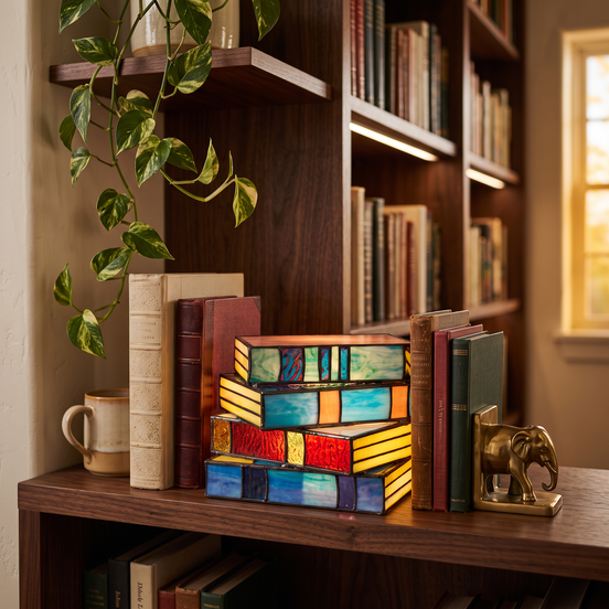 Stained Glass Book Lamp glowing on a bookshelf