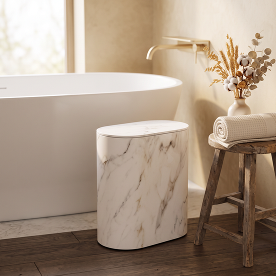 Marble Pattern Trash Can in white marble in a bright bathroom