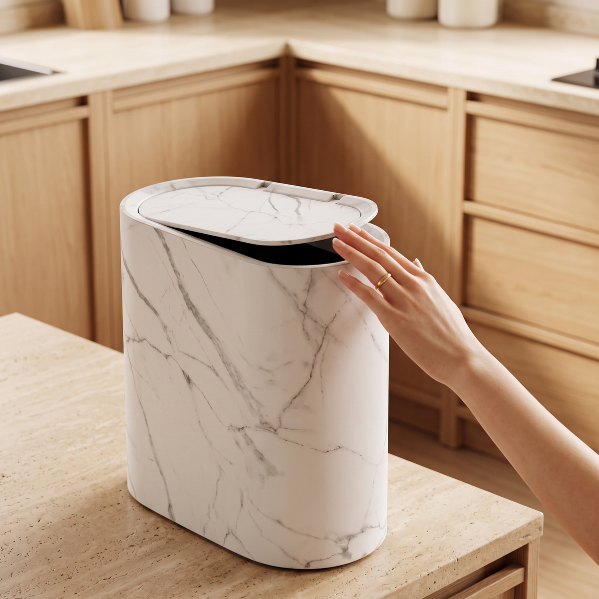 Press-open lid of the Marble Pattern Trash Can