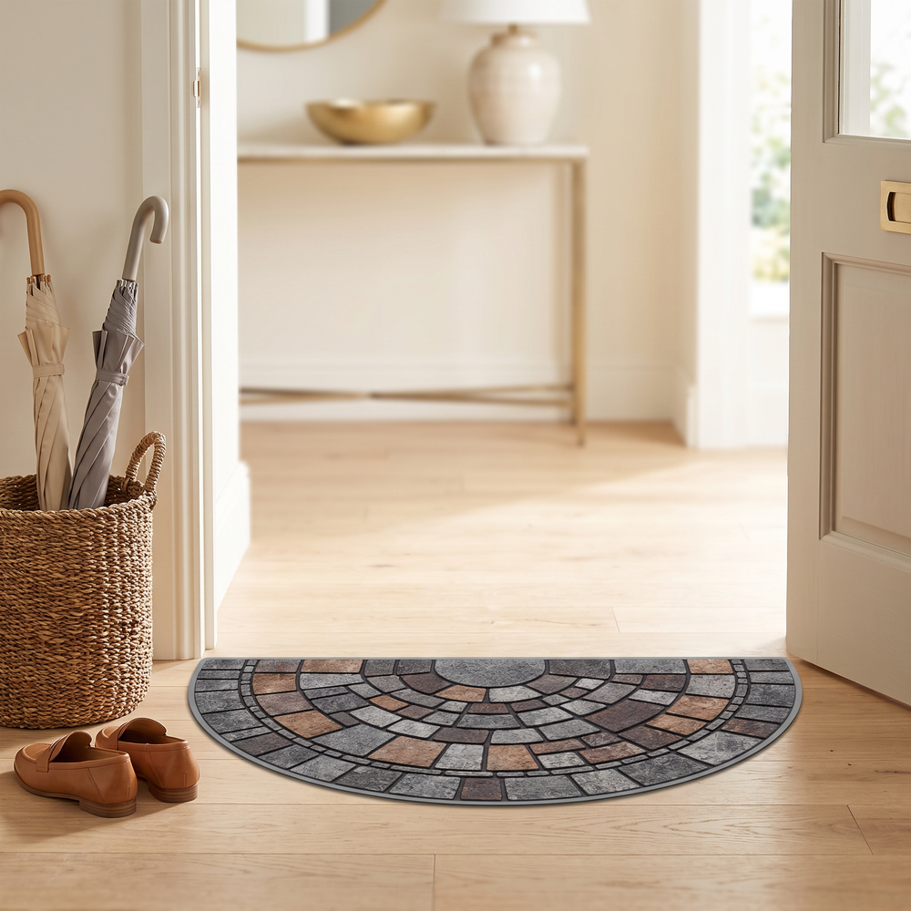Earthy tones on a light floor.