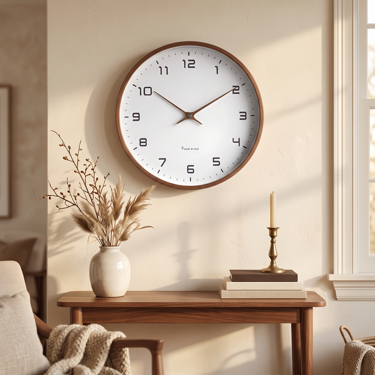 Nordic Wall Clock in walnut brown in a living room