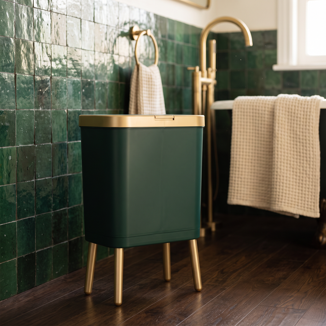 15L Odour-Sealing Trash Can in emerald green in a bathroom