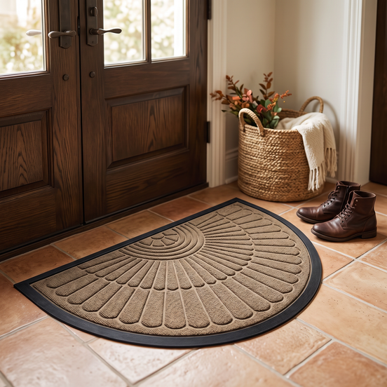 Semi-Circular Door Mat in beige brown in an entry hall