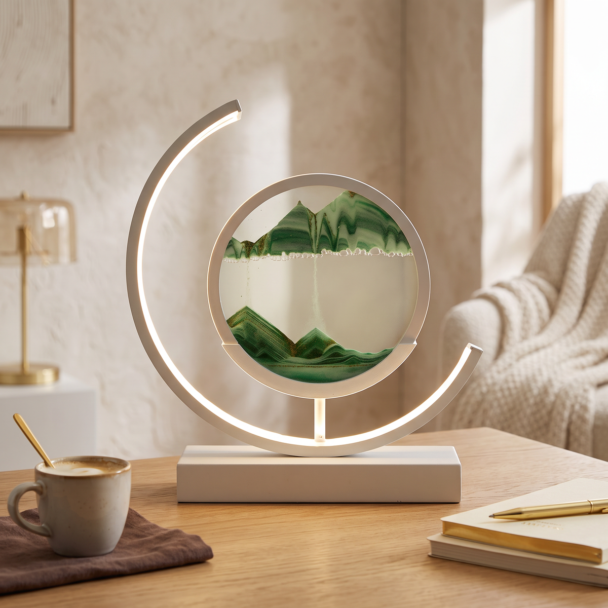 Sandlight Table Lamp with green sand and white frame
