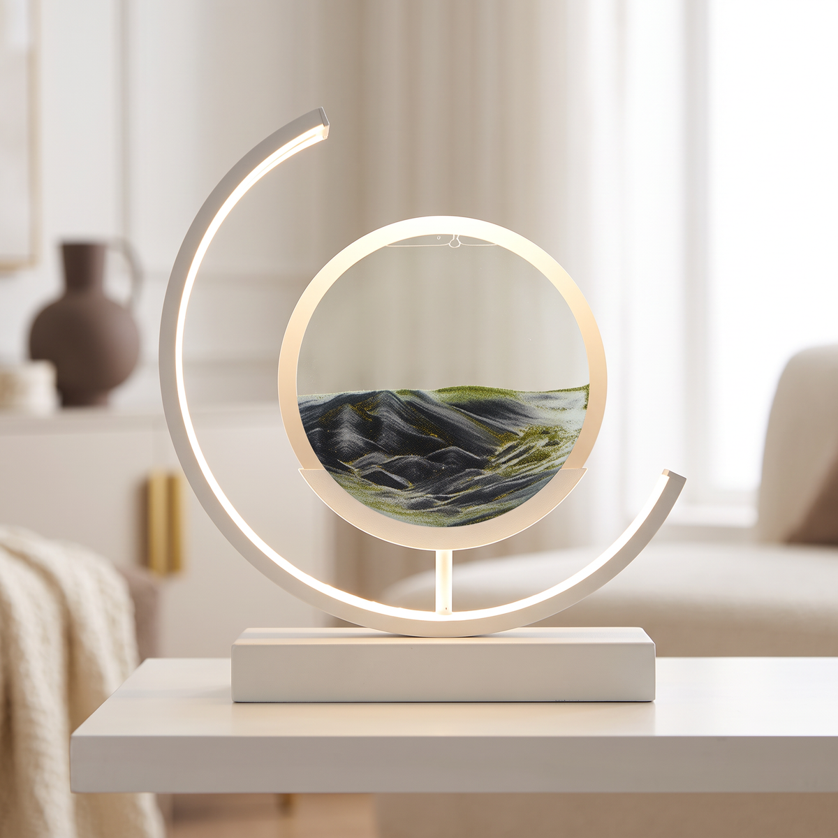 Sandlight Table Lamp with black sand and white frame