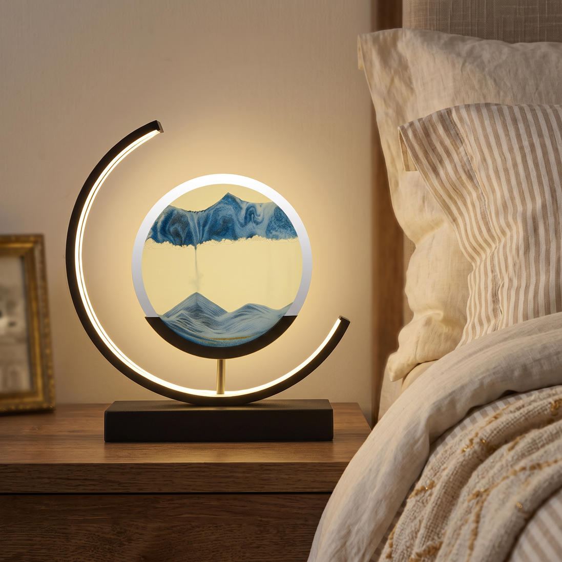 Sandlight Table Lamp with blue sand and black frame