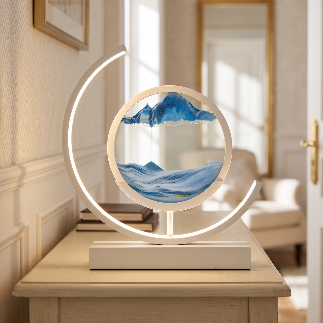 Sandlight Table Lamp with blue sand and white frame