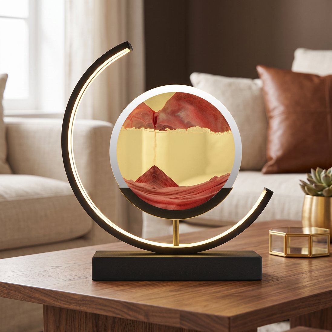 Sandlight Table Lamp with red sand and black frame