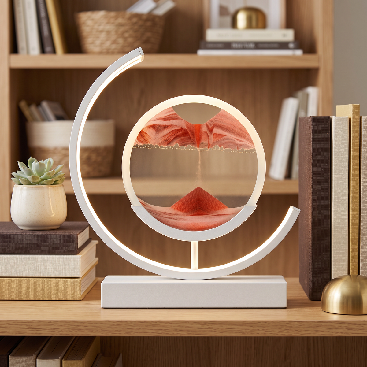 Sandlight Table Lamp with red sand and white frame