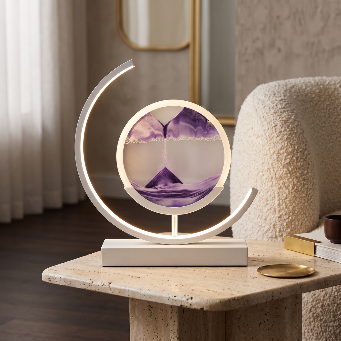 Sandlight Table Lamp with purple sand and white frame