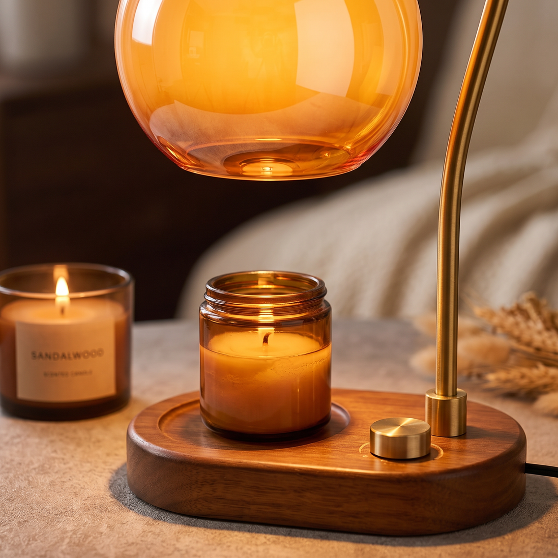 Close-up of the Candle Warmer Lamp glowing over a candle
