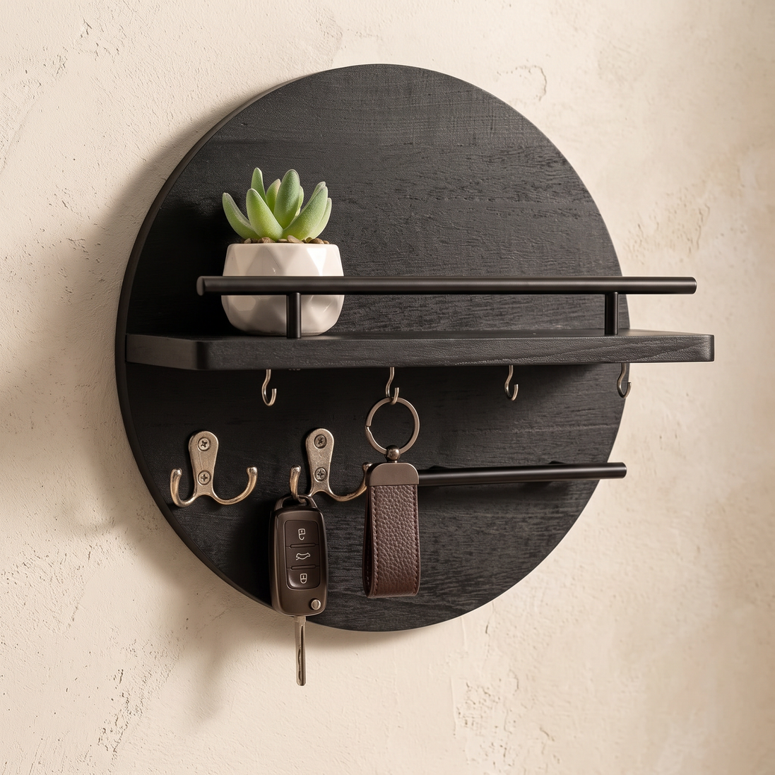 Round Wooden Key Holder in black and gold