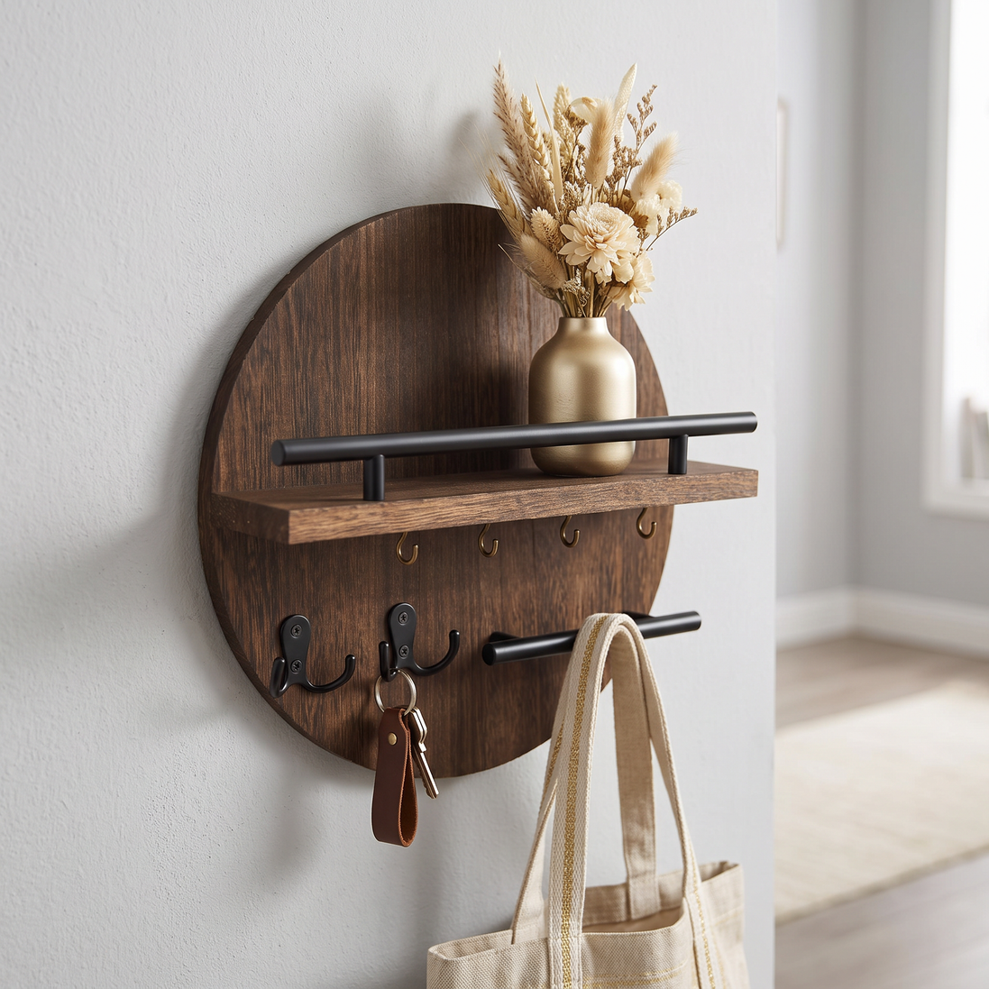 Round Wooden Key Holder in brown and black