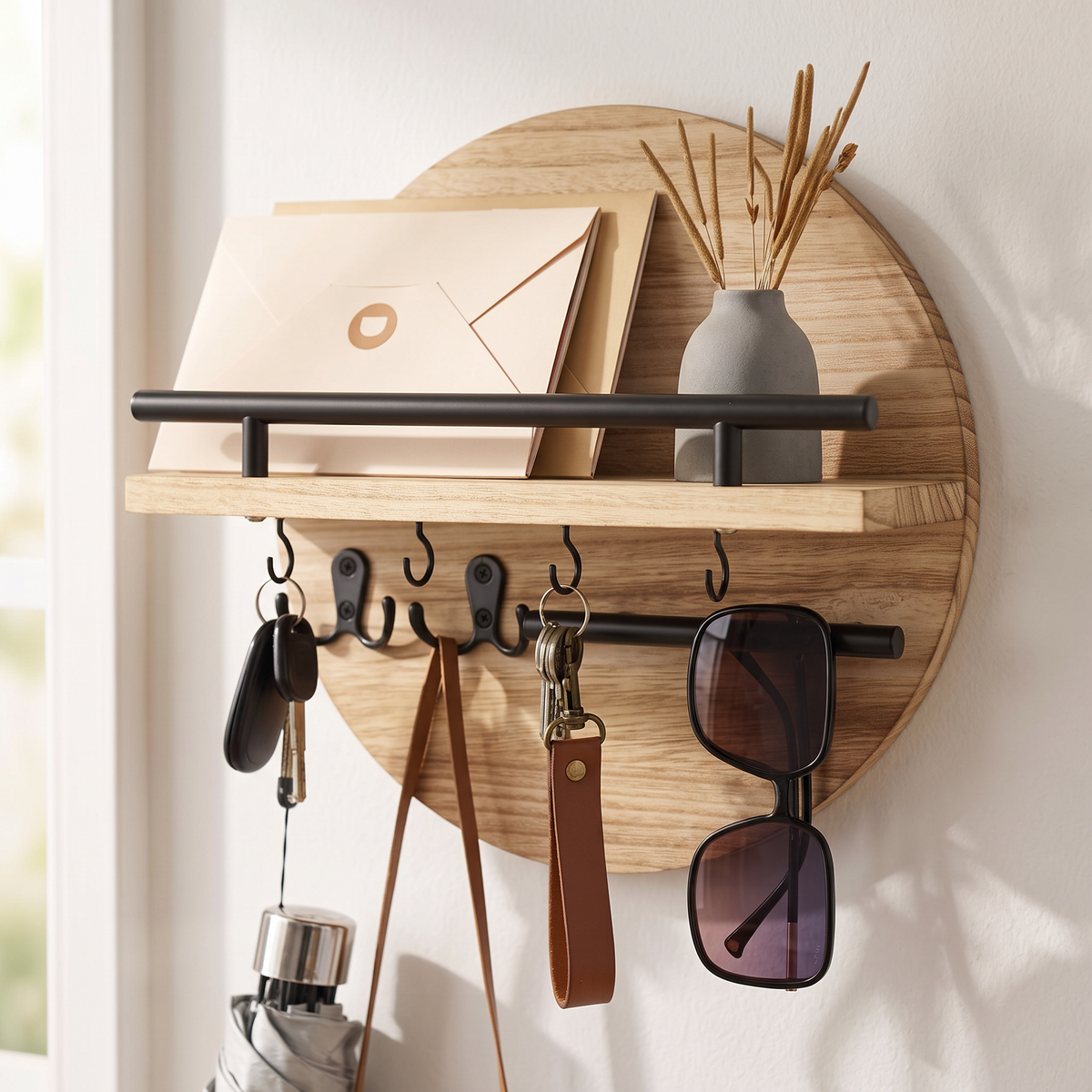 Round Wooden Key Holder in beige and black