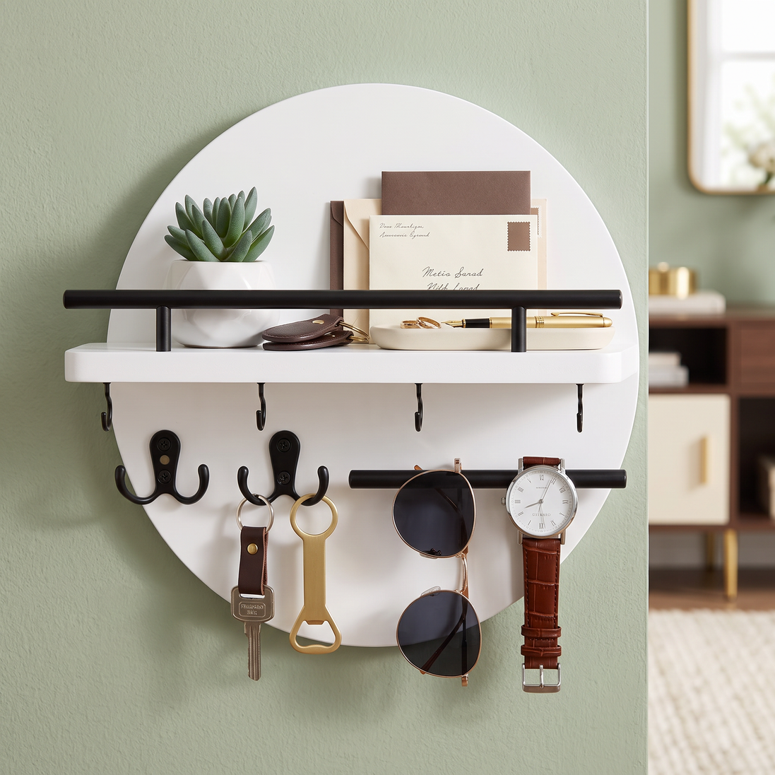 Round Wooden Key Holder in white and black