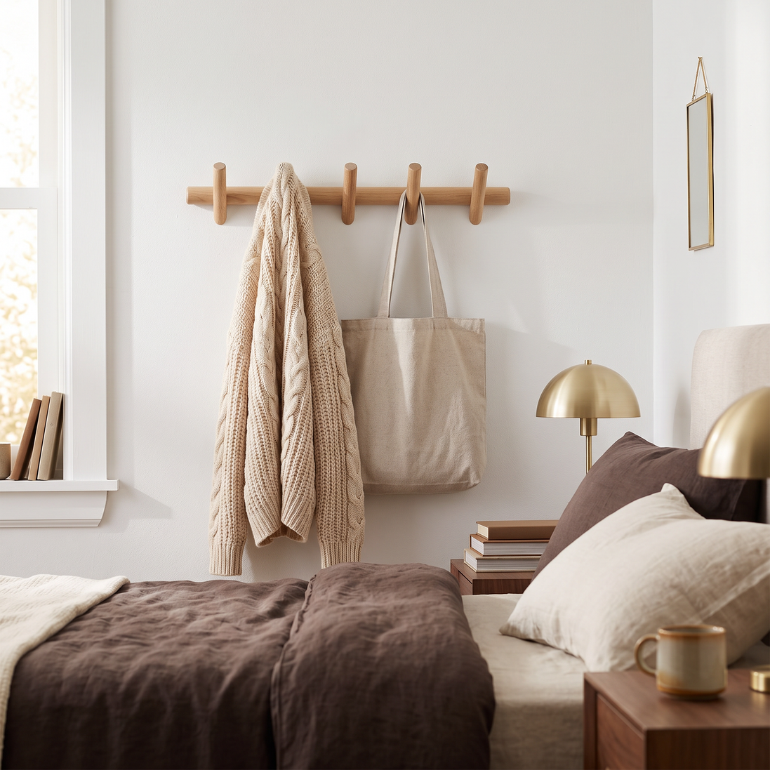 Maeve Oak Wall Rack in a bedroom