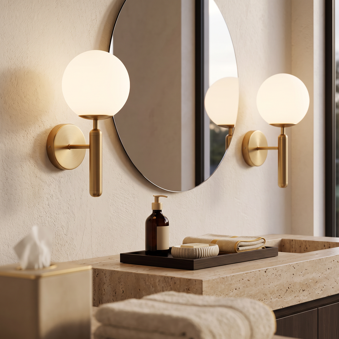 Glass Globe Wall Sconce in gold in a bathroom