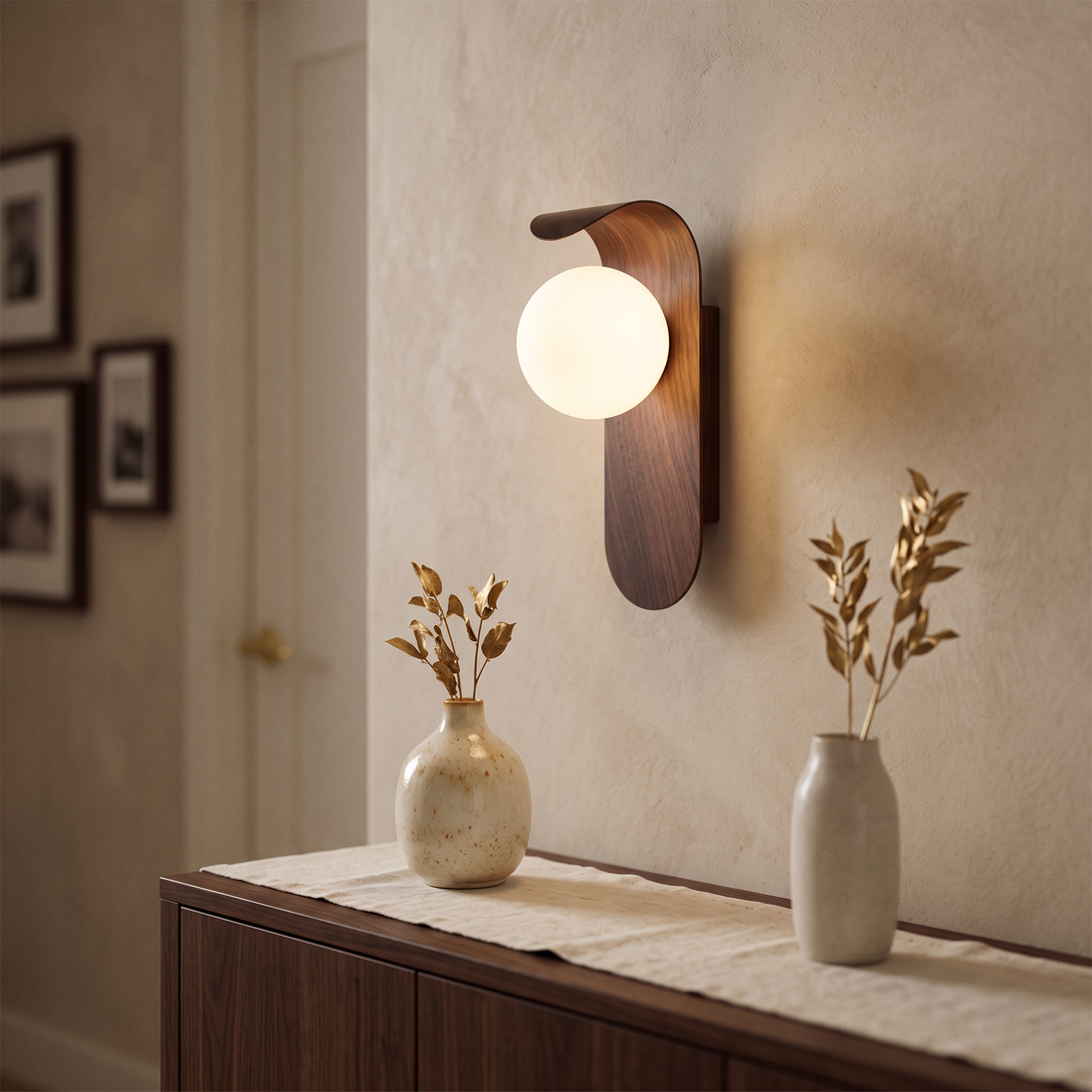 Icar Wall Lamp in walnut in a hallway