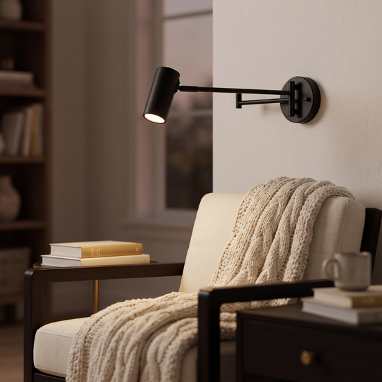 Arvilo Swing-Arm Wall Light in black above an armchair