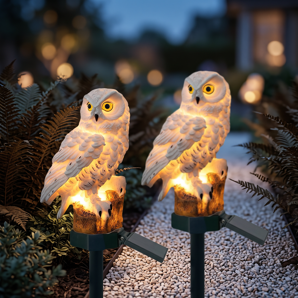 Two Solar Owl Garden Lights along a path
