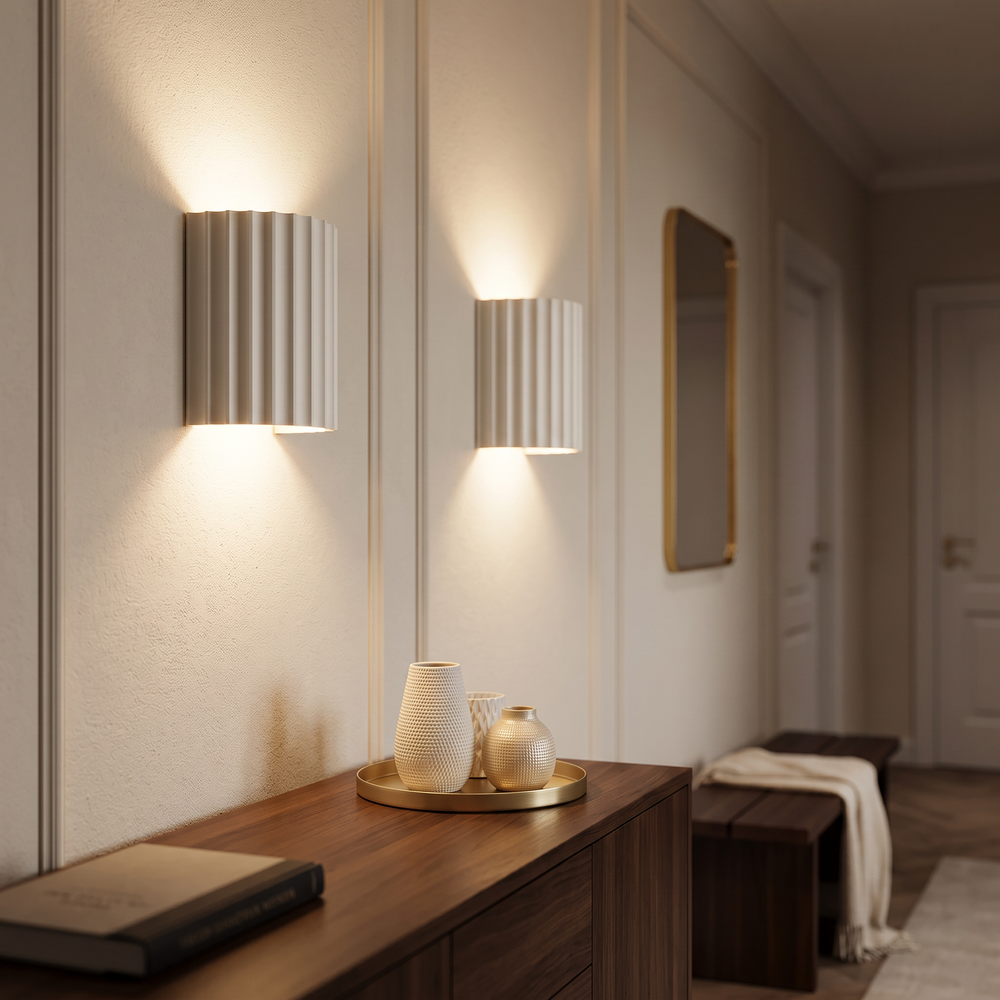 Light spills up and down the wall.