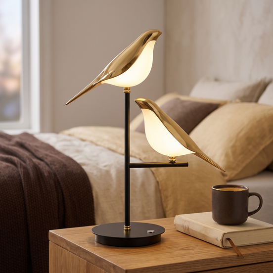 Golden Birdlight Lamp on a bedside table
