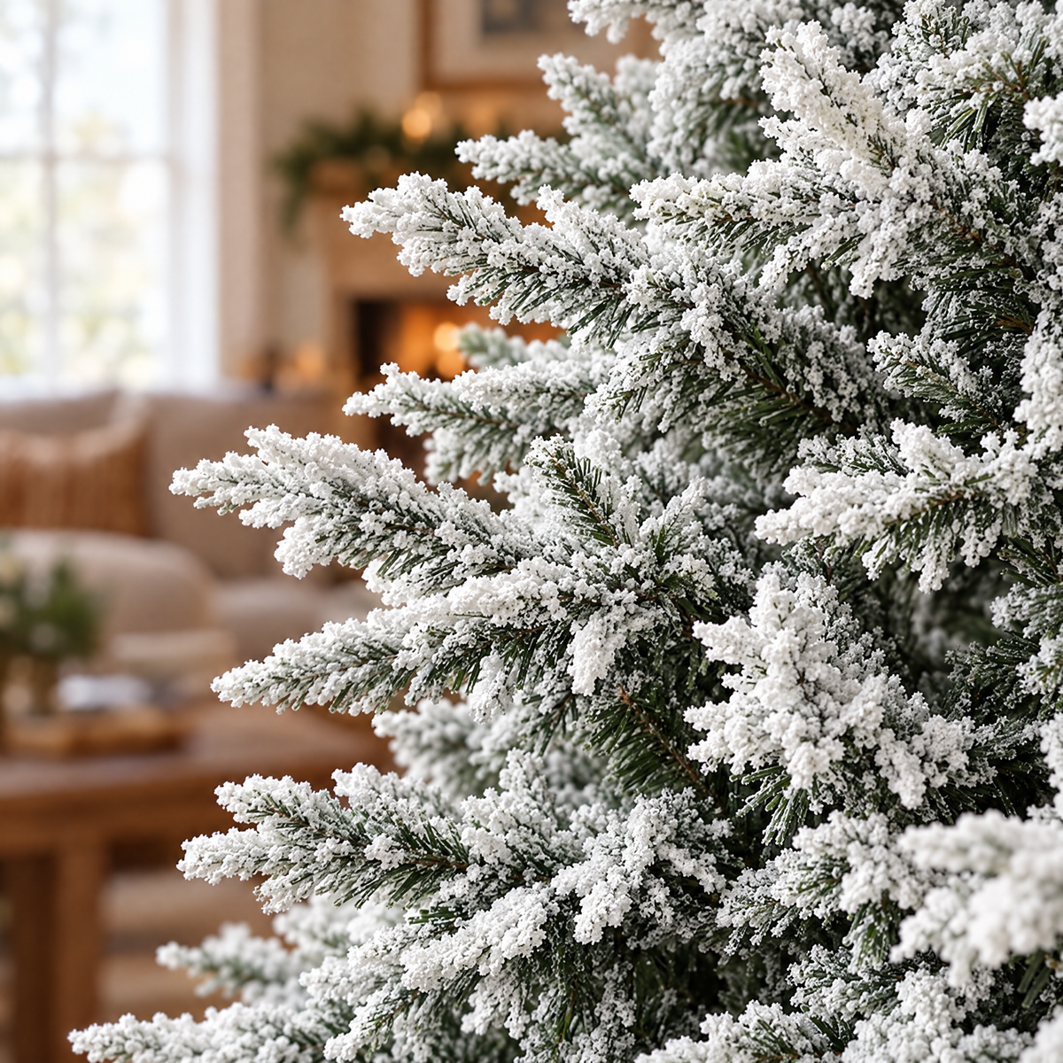 Close-up of the Frostline tree's snow-flocked branch tips