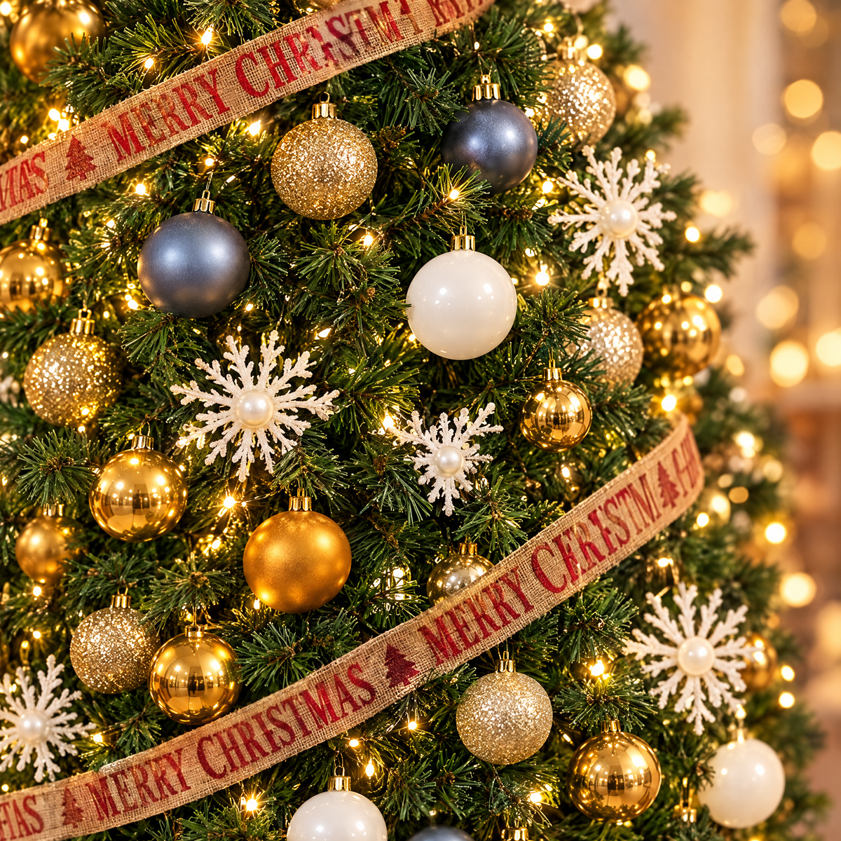 Close-up of the Aurelia tree's gold, white and blue ornaments