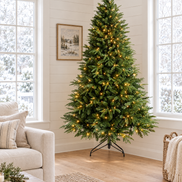 Linden Classic Christmas Tree in a bright farmhouse living room