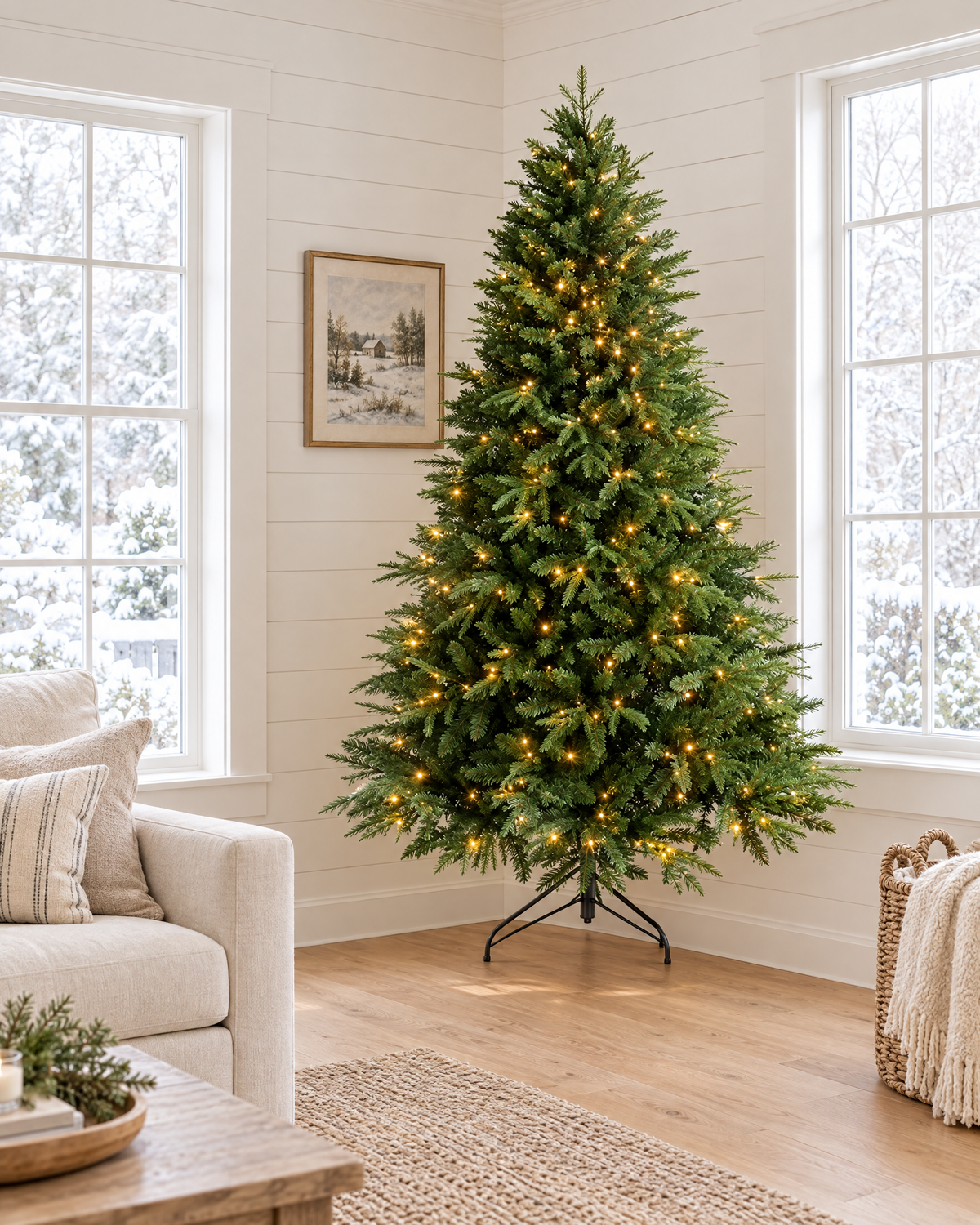 Linden Classic Christmas Tree in a bright farmhouse living room
