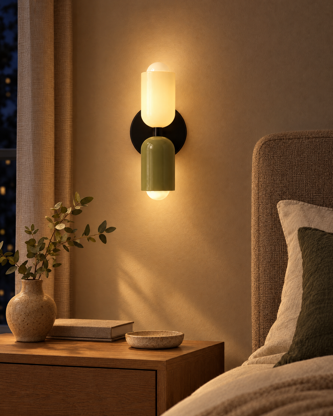 Macara Bedside Wall Lamp switched on at night