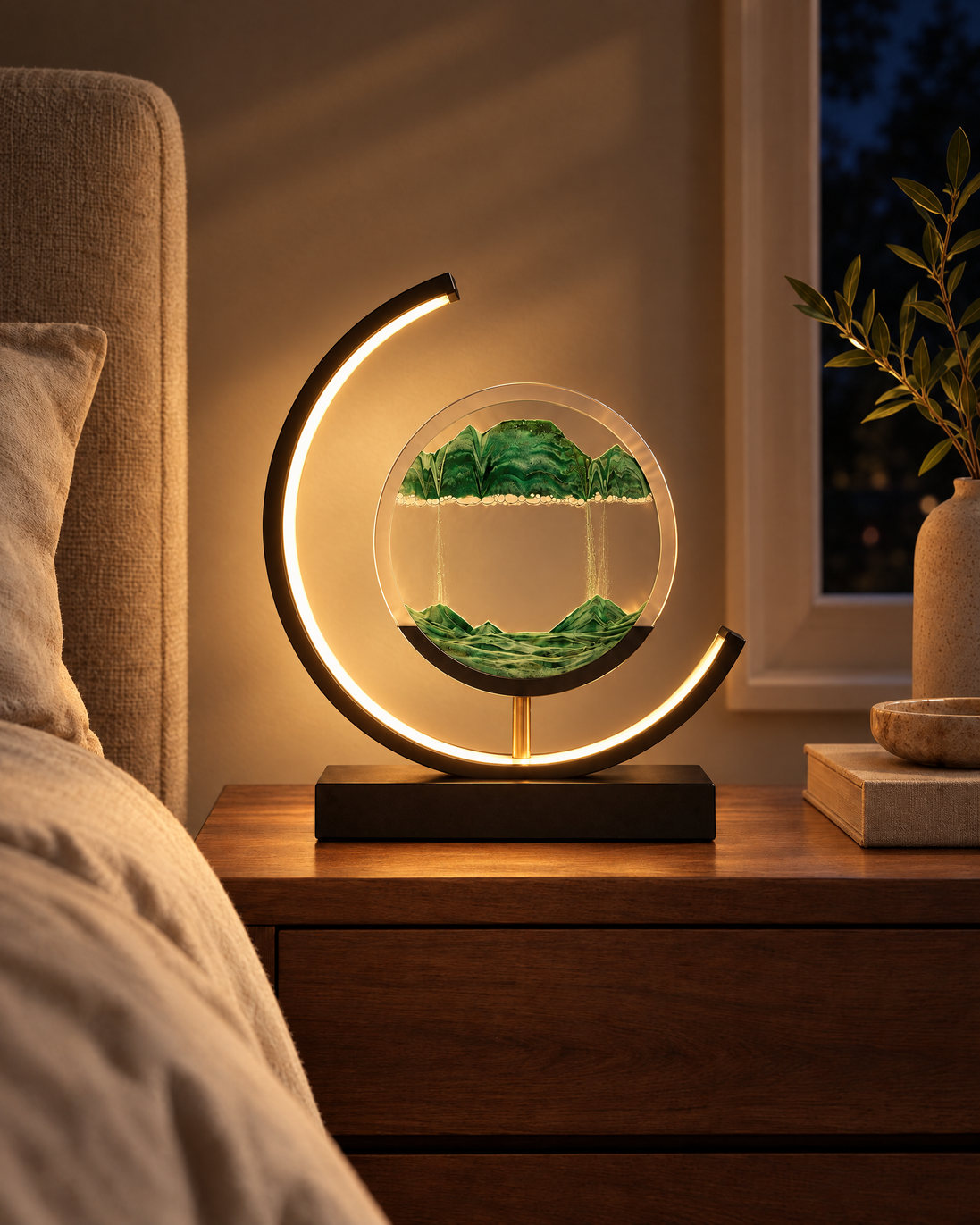 Sandlight Moving Sand Art Lamp switched on at night