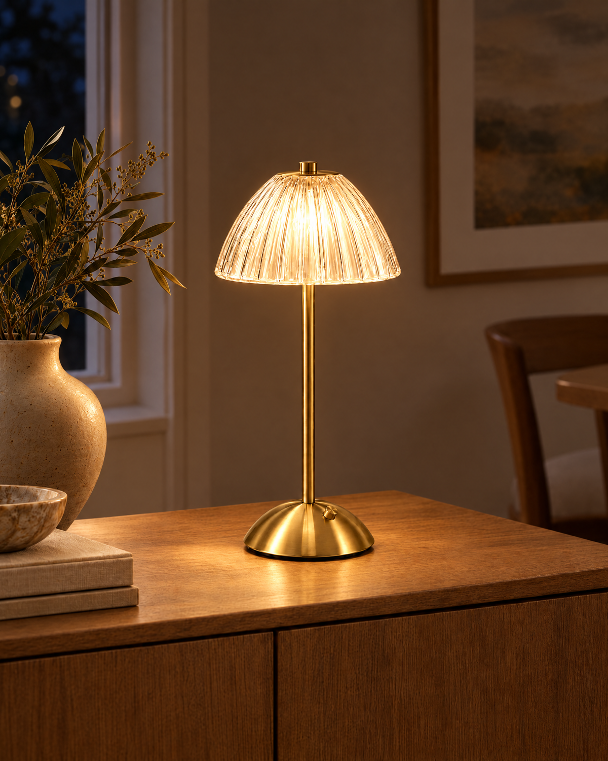 Golden Touch Rechargeable Table Lamp switched on at night