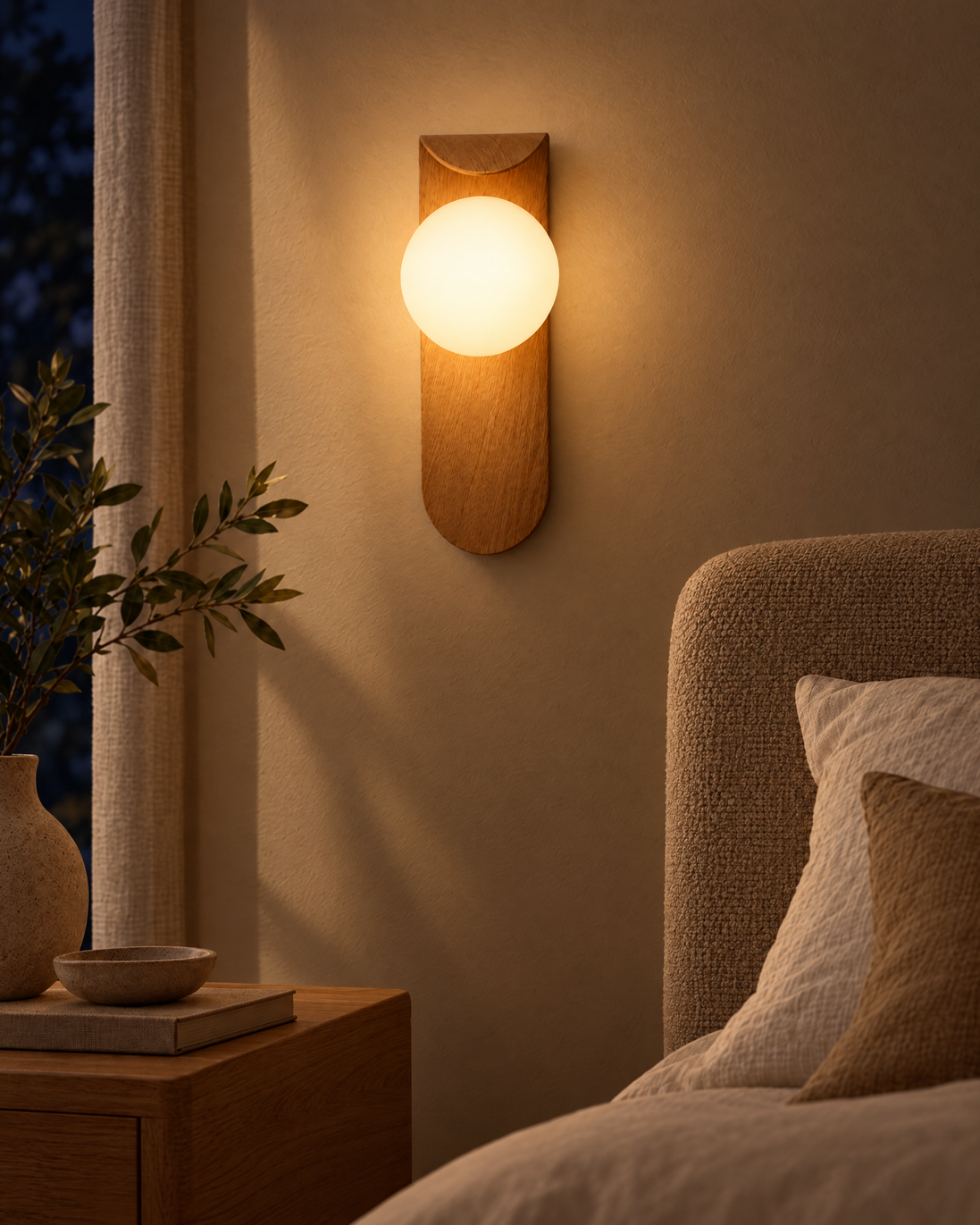 Icar Wooden LED Wall Lamp switched on at night