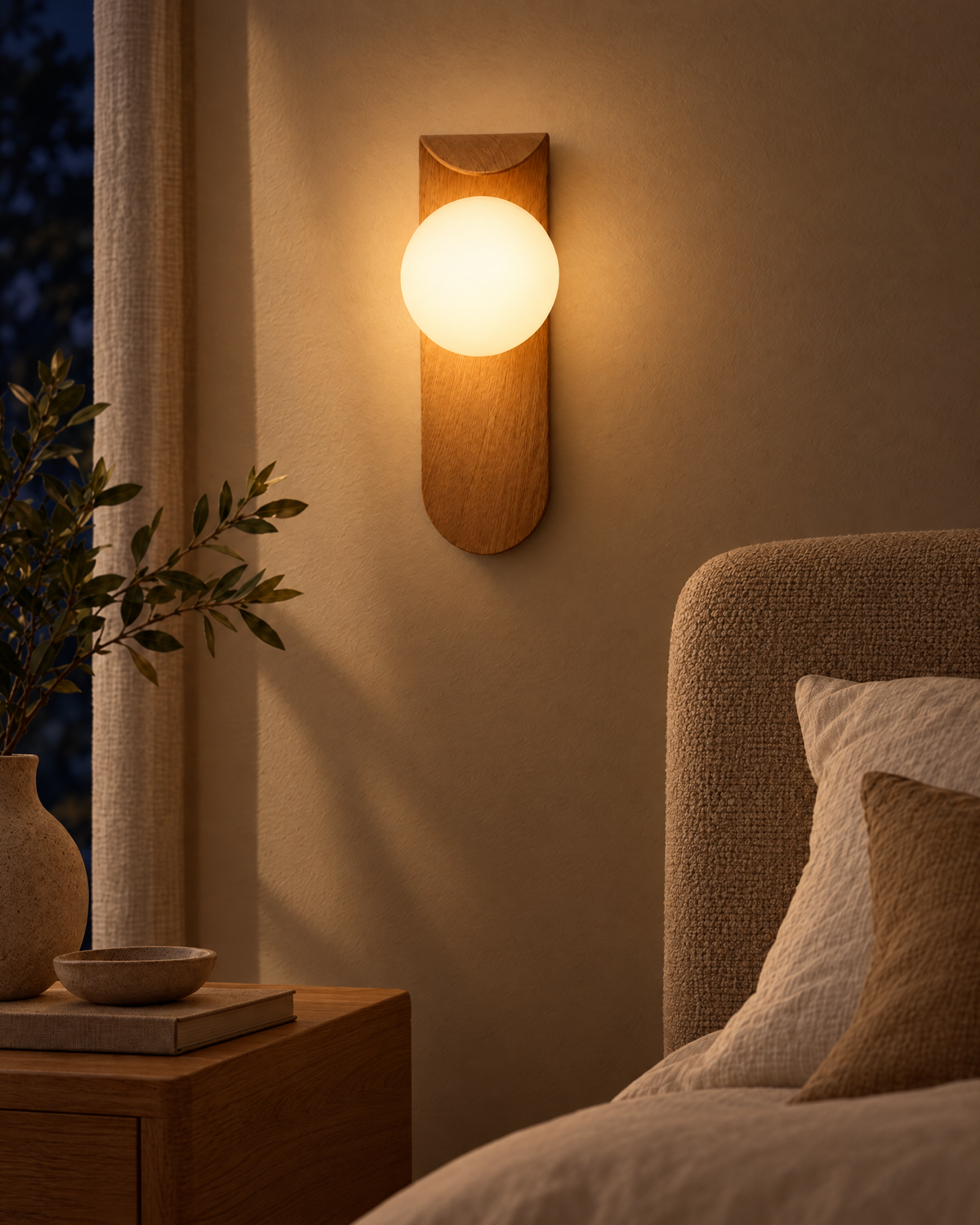 Icar Wooden LED Wall Lamp switched on at night