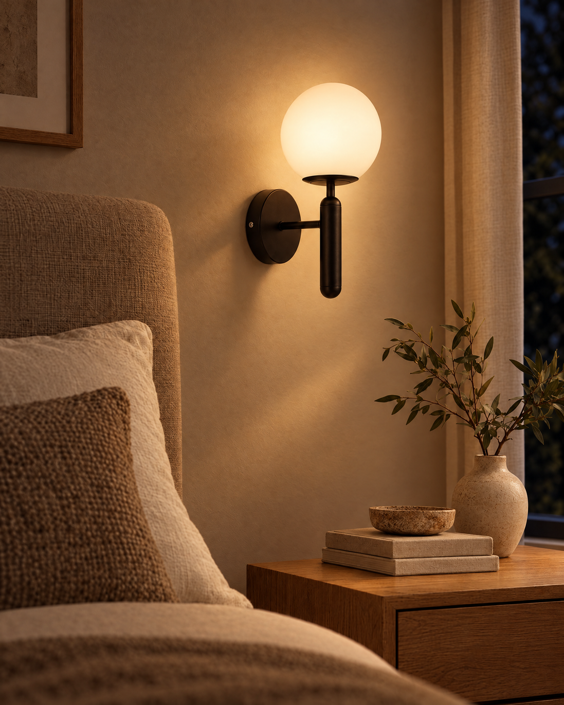 Selene Glass Globe Wall Sconce switched on at night